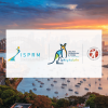 A white square with logos of ISPRM, Trauma Technology & Timing, and RMSANZ on it. On the background, a landscape image of Sydney during sunset.