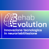 A background in gradient color with the logo of the "RehabEvolution" meeting. The subtitle (in Italian) is: Technological Innovation in Neurorehabilitation (in Italian: Innovazione tecnologica in neuroriabilitazione).