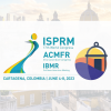 Logo and date of ISPRM 2023, with an opacized image of Cartagena (Colombia) as a background.