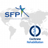 A stylized world map in the background with the logos of Cochrane Rehabilitation and SFP to the front