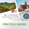 A square image with the poster of the 52nd SIMFER Congress with location and dates details. Below, the phrase "PRM Italy Award" in a thick and bold font on an abstract background.
