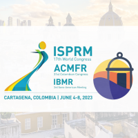 Logo and date of ISPRM 2023, with an opacized image of Cartagena (Colombia) as a background.