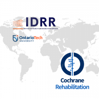 Logos of IDRR, Ontario Tech University, and Cochrane Rehabilitation on the front and a stylized-grey world map as background