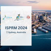 A left-oriented white square with the text ISPRM, location and logos on it. On the background, a visual scape of Sydney from the sky.