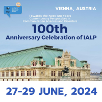 The poster of IALP 100th anniversary celebration, from 27-29 June, 2024. On the background, an historical building in Vienna.