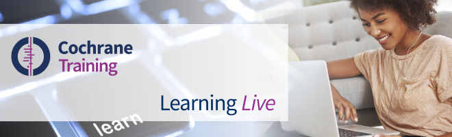 Banner of the Cochrane Training Learning series with a smiling young woman working on a laptop on the background
