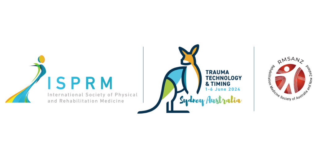 Logos of ISPRM 2024: ISPRM logo; Trauma, Technology & Timing logo; RMSANZ logo.